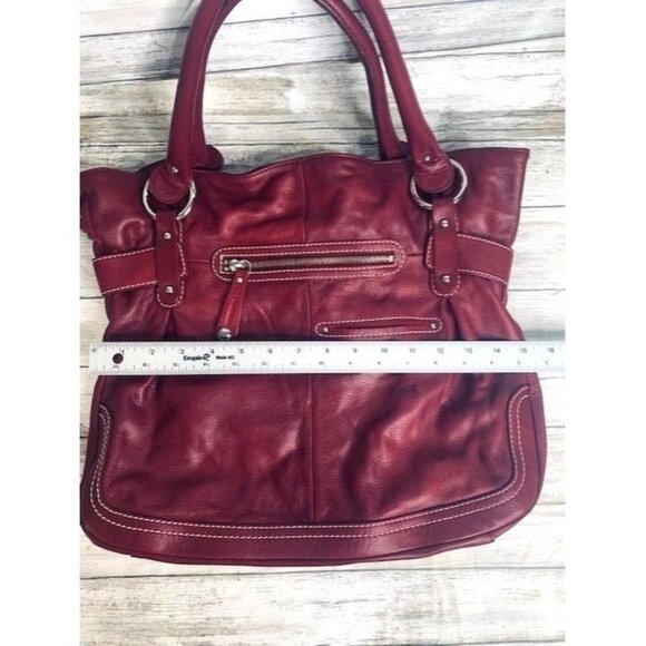 B. Makowsky Red / Purple Soft Leather Tote Bag with Leopard Lining & Zip Pockets - Picture 8 of 11